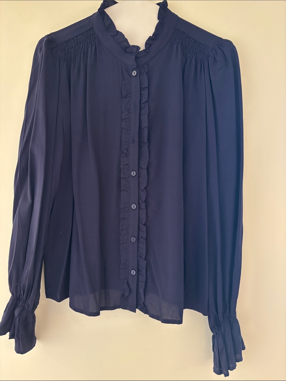 Aqua Navy Ruffle Front Button-Down Blouse